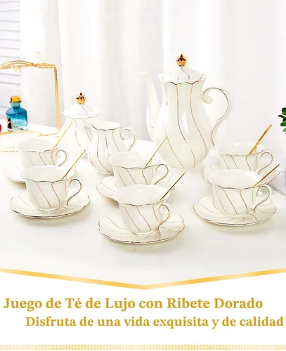Miniatura 3 de DUJUST Juego de té de porcelana blanca de 22 piezas para 6, juego de tazas de té y café de lujo estilo británico con ribete dorado, hermoso juego