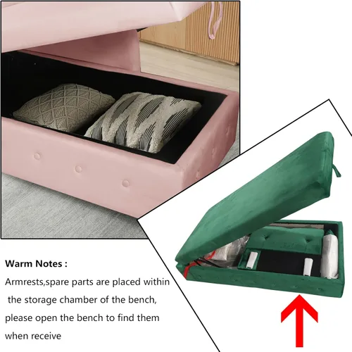 Miniatura 5 de Aoowow Banco de almacenamiento de terciopelo rosa para dormitorio, extremo de la cama, sofá con brazo enrollado, tumbona para interiores con Rosa 58