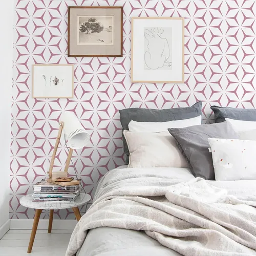 Miniatura 6 de Heroad Papel tapiz de color rosa moderno para despegar y pegar, papel de contacto bohemio geométrico rosa para armarios y cajones, apto