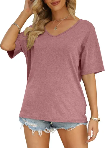 Miniatura 3 de MIROL Camisetas de media manga para mujer, cuello en V, de gran tamaño, sueltas, casuales, básicas, de color liso