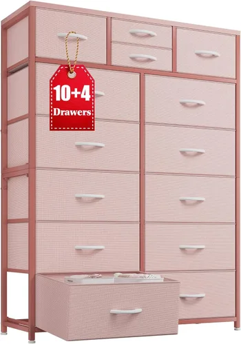 Miniatura 12 de Cómodas para dormitorio con 14 cajones de almacenamiento, cómodas y cajones de almacenamiento, marco de metal resistente y parte superior de madera
