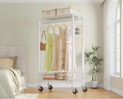 Miniatura 3 de VIPEK R1 - Perchero rodante con organizador de tablero de clavijas, armario portátil para colgar ropa con ruedas bloqueables y cesta extraíble