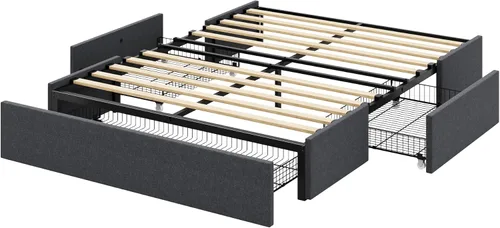 Miniatura 9 de Allewie - Base de cama tamaño matrimonial con plataforma, 3 cajones de almacenamiento, tapizada en tela, soporte de listones de madera, no necesita