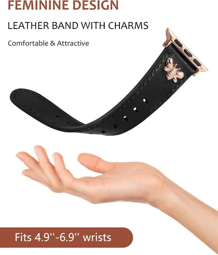 Miniatura 2 de W-RARA Correas de cuero compatibles con Apple Watch Band de 38/40/41/42/44/45/46/1.929 in para mujer, elegante correa de cuero elegante con dijes
