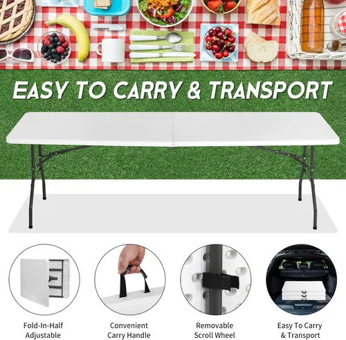 Miniatura 2 de Mesa plegable, mesa de camping de plástico de 8 pies, mesa de fiesta portátil con asa de transporte para fiestas, bodas, barbacoa, camping, comedor