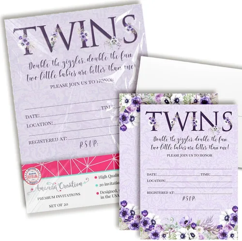 Miniatura 11 de AmandaCreation - Invitaciones florales de peonía morada para baby shower para gemelos, 20 tarjetas de relleno de 5 x 7 pulgadas con veinte sobres