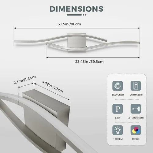 Miniatura 4 de Joossnwell Luces de tocador de níquel cepillado para accesorios de iluminación de baño, sobre espejo, regulables, 5CCT, moderno, lámpara de pared