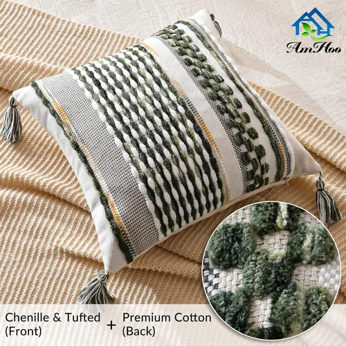 Miniatura 2 de AmHoo - Fundas de almohada de 18 x 18 pulgadas con borlas, fundas de almohada decorativas tejidas con textura de chenilla estilo boho para sofá