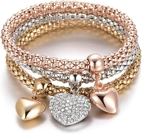 Miniatura 2 de Pulseras multicapa con dijes de cristal, 3 unidades, oro y plata, oro rosa, pulsera elástica en forma de corazón para mujer, árbol de la vida