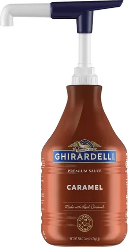 Miniatura 9 de Ghirardelli Salsa de caramelo, botella de 87.3 onzas (5 libras 7.3 onzas) con cuchara y bomba de barista estampada Ghirardelli