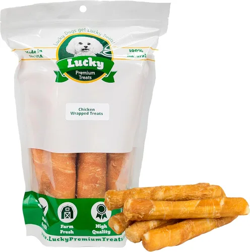 Lucky Premium Treats Golosinas envueltas en pollo para perros, Bull Stick, piel cruda hecha en Estados Unidos para perros extra grandes, golosinas