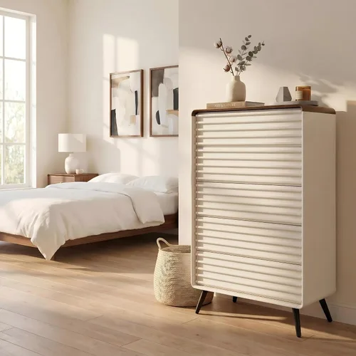 Miniatura 7 de RedLemon 48'' Tall 5 Drawers Dresser for Bedroom, Mid Century Modern Wood Fluted Dresser, Chest of Drawers with Smooth Rounded Corner & Tapered Leg