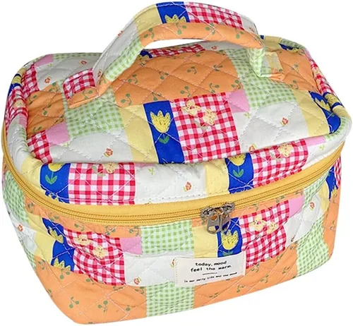 Miniatura 8 de Bolsa de cosméticos de viaje, bolsa de maquillaje de algodón, bolsa de aseo acolchada con hermoso patrón floral, bolsa de cosméticos de gran