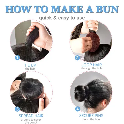 Miniatura 4 de TsMADDTs Máquina para hacer moños de pelo en forma de dona, 3 piezas, color marrón oscuro, estilo anillo, con 20 horquillas en forma de U para bailar