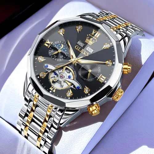 Miniatura 16 de OLEVS Reloj de pulsera automático con diseño de esqueleto para hombre, de lujo, con diamantes de lujo, de acero inoxidable, calendario, reloj