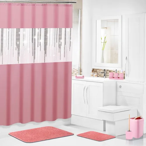 Miniatura 2 de Juego de accesorios de baño rosa con cortina de ducha y alfombras con purpurina, juegos de baño con alfombras de baño extrasuaves y absorbentes