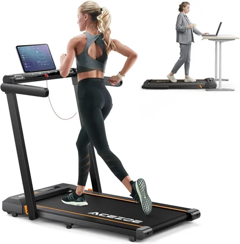 Acezoe Caminadora plegable 2 en 1 para el hogar, debajo del escritorio con 12 modos HIIT, aplicaciones de entrenamiento y pantalla táctil, 2.5 HP