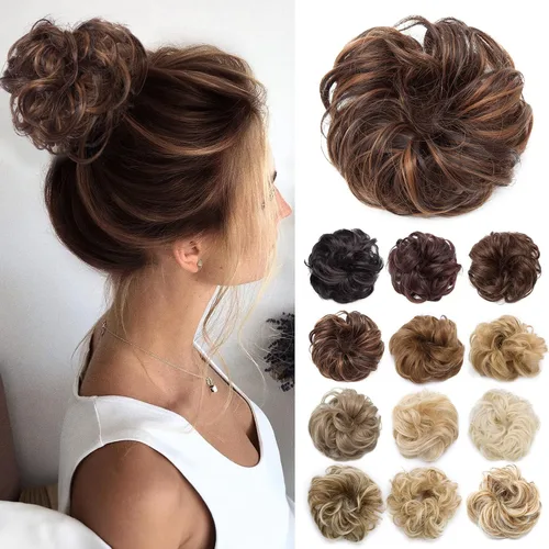 Miniatura 30 de Benehair Moño desordenado, pieza de pelo recogido para mujer, esponjoso, ondulado, moño con dona, moño sintético con banda elástica de goma