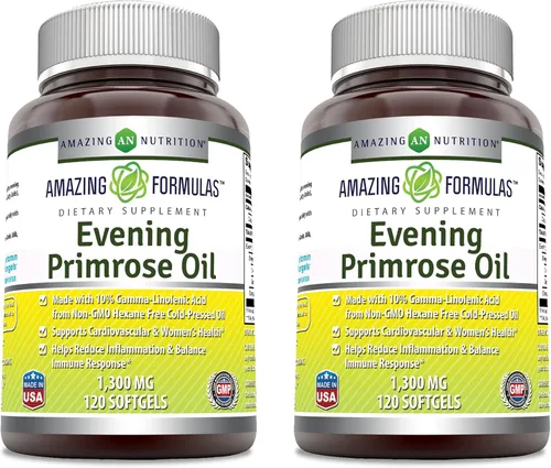 Amazing Formulas Aceite de onagra de 1300 mg, 10% GLA, suplemento de cápsulas blandas | Aceite prensado en frío sin hexano | Sin OMG | Sin gluten