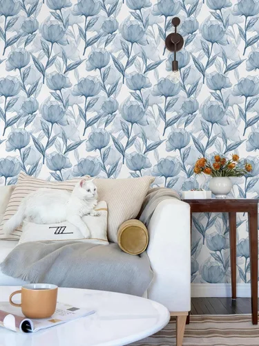 Miniatura 4 de Marca Heroad Papel tapiz floral bohemio despegable y adhesivo de 16.1"x393", papel de contacto con flores azules para gabinetes, impermeable