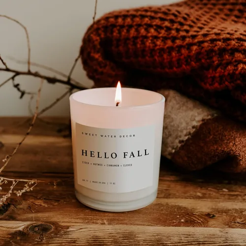 Miniatura 7 de Sweet Water Decor - Vela de soja Hello Fall, aroma manzanas con canela, clavo de olor y nuez moscada de otoño, mecha de 100% algodón, frasco blanco