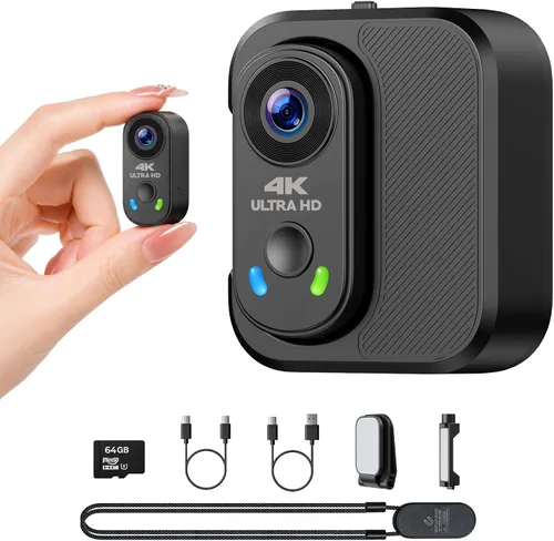 Cámara POV 4K con WiFi, mini cámara corporal con tarjeta de 64 GB, estuche cargador, estabilización EIS, montaje magnético, cámara de acción de gran