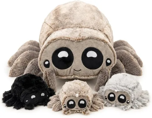 Miniatura 10 de Peluche de araña de peluche con sorpresa – Suave animal de peluche mamá araña con 3 arañas bebé en barriga con cremallera, juego para niños