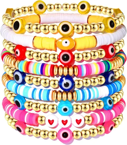 Miniatura 64 de Surfer Heishi - Pulseras apilables para mujer, apilables, de vinilo arcoíris, disco de arcilla, pulseras elásticas para la amistad, joyería bohemia