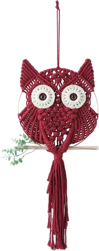 Miniatura 6 de MVSUTA Owl Burgundy Cotton Handmade Macrame Wall Hanging Tapestry Home Decor Art and Red Craft Wonderful Decoration Woven Boho Ornament for Office