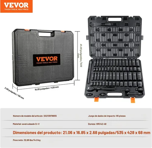 Miniatura 7 de Vevor - Juego de 1/2 pulgada de llaves de impacto de 65 piezas SAE 3/8" a 1-1/4" y métrico 10-24mm, de 6 puntas, acero de aleación Cr-V