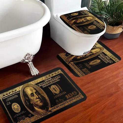 Miniatura 6 de GUBIYU Juego de alfombras de baño de 100 dólares, color negro y dorado, juego de alfombras de baño con dinero, tapete de baño antideslizante