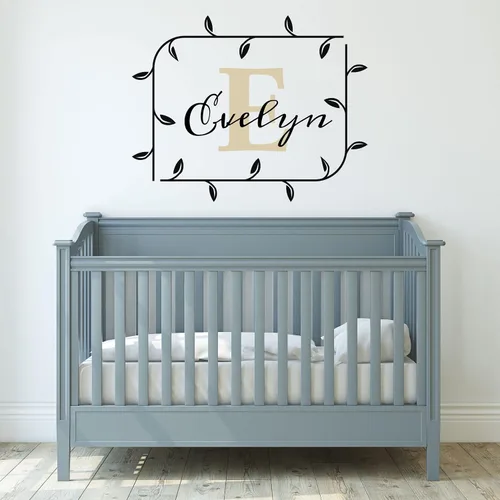 Calcomanías de pared personalizadas con nombre de bebé en un bonito marco con ramas y hojas, calcomanías para paredes con nombre personalizado,