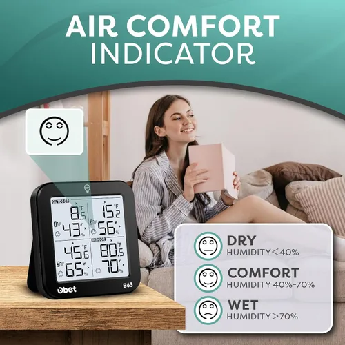 Miniatura 4 de OBET Termómetro inalámbrico para interiores y exteriores con 3 sensores, estación meteorológica, monitor de temperatura y humedad, rango de 500 pies