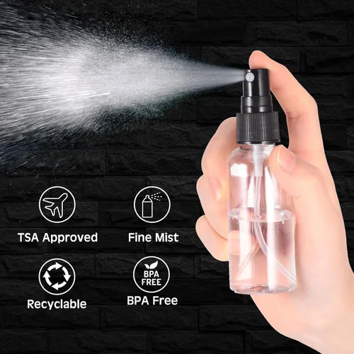 Miniatura 4 de Roshtia 50 Pcs 2 oz Plastic Mini Spray Bottles with Black Cap Clear Empty Fine Mist Spray Bottles Refillable Liquid Container for Essential Oils