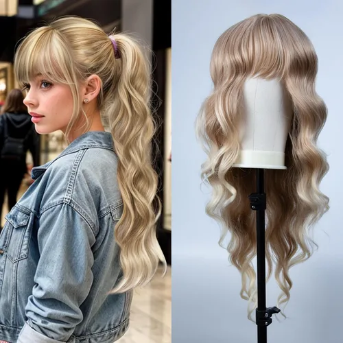 Miniatura 2 de Peluca rubia con flequillo de 26 pulgadas de largo, rizada, ondulada para mujer, pelucas rubias degradadas con flequillo, aspecto natural, pelucas