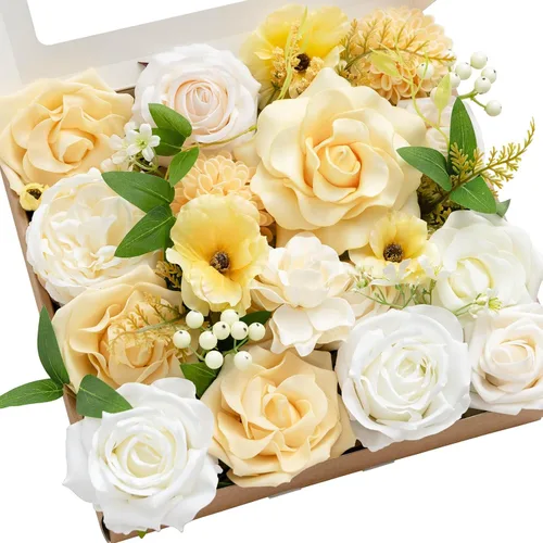 Miniatura 37 de Ling's moment Caja de Flores Falsas, Tallos de Vegetación Artificial Falsa Rosas de Espuma Dalias de Seda Hojas de Rosa Flor de Tela para Centros