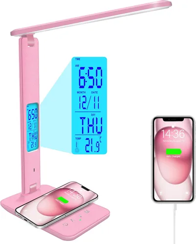 Miniatura 13 de snsok Lámpara de escritorio con cargador inalámbrico, puerto de carga USB, luz de escritorio de oficina regulable con reloj, alarma, fecha, Blanco