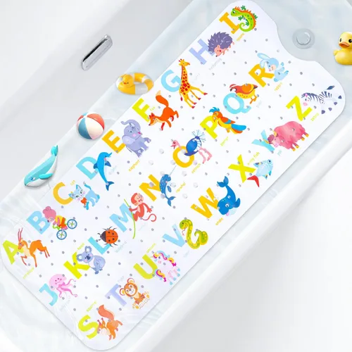 Miniatura 9 de Alfombra de baño para niños con diseño temático de océano, 40 x 16 pulgadas, antideslizante con 200 ventosas, patrón de animales marinos de dibujos