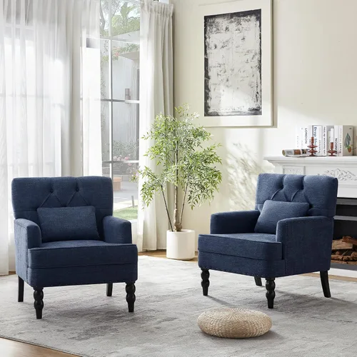 Miniatura 15 de HUIMO Silla de Club Acolchada, Silla de Acento con Almohada Lumbar, Sillón Tapizado con Botones, Sillas de Sofá de Tela de Lino para Dormitorio