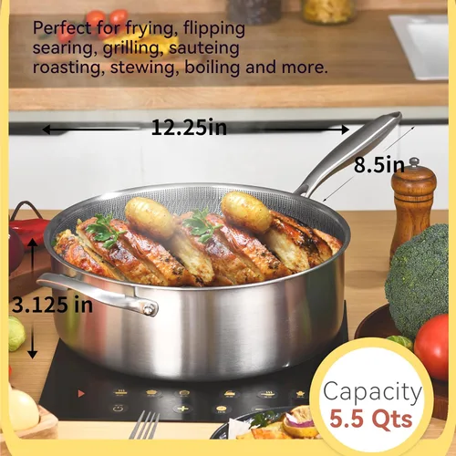 Miniatura 5 de LOLYKITCH Sartén Salteadora Híbrida Antiadherente Tri-Capa de Acero Inoxidable de 6 Cuartos con Tapa, Sartén para Freír Profunda de 12 Pulgadas