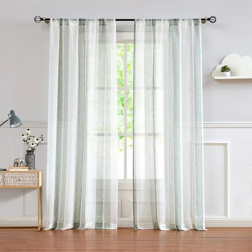 Miniatura 15 de Central Park Cortinas Transparentes de Rayas Beige y Blancas Estilo Granja de Lino Bouclé, Pares de Paneles de Cortina de Ventana Tejidos con Hilo