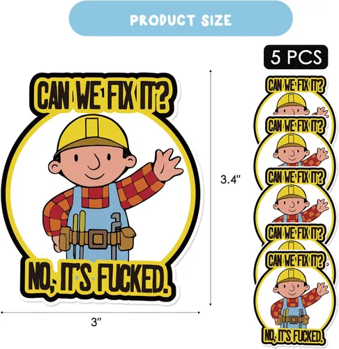 Miniatura 5 de XMJY Paquete de 5 calcomanías divertidas para cascos duros, ¿Podemos arreglarlo? No, It's Fucked, lindas calcomanías de dibujos animados para casco