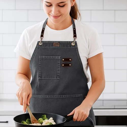 Miniatura 9 de LEATHER VILLAGE Delantales de chef para hombres y mujeres con bolsillos grandes, delantal de trabajo ajustable de lona de algodón con espalda Gris