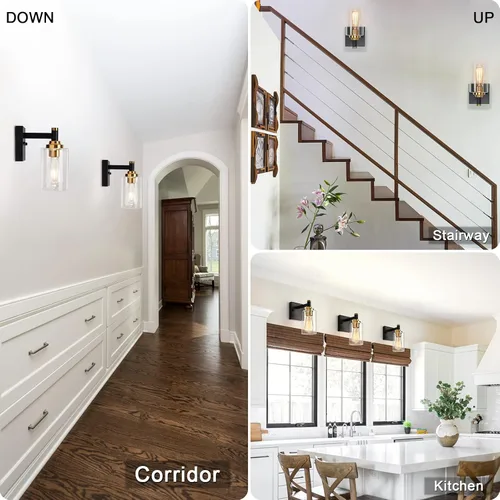 Miniatura 4 de Juego de dos apliques de pared negros y dorados para baño, lámparas de pared de latón, modernas lámparas de pared con pantalla de vidrio, lámparas