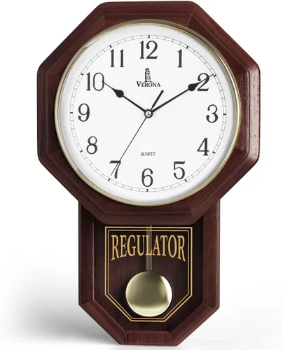 Reloj de Pared con Péndulo - Reloj Regulador de Madera Real - Diseño de Escuela - Silencioso, Sin Campanadas, de Madera y Operado con Baterías -