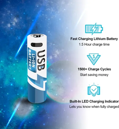 Miniatura 5 de Paquete de 4 baterías recargables de litio AA, carga rápida USB-C de alta capacidad de 1.5 V 2600 mWh, baterías de litio con cable de carga tipo C