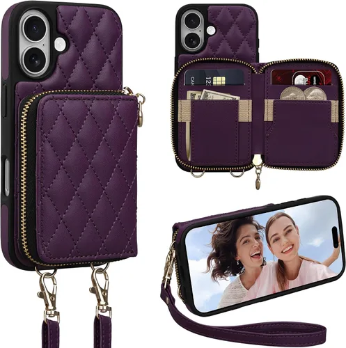 Miniatura 46 de Funda tipo cartera para iPhone 15 de 6.1 pulgadas, bolso cruzado con cremallera y correa para la muñeca con cordón para mujer, tarjetero con bloqueo