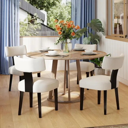 Miniatura 11 de Juego de 2 sillas de comedor de madera negra, sillas tapizadas de lino beige para cocina y comedor con respaldo medio, sillas laterales modernas