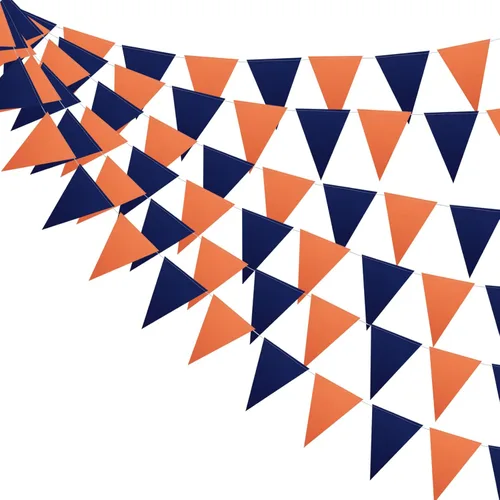 Miniatura 3 de Meetppy Paquete de 3 banderines de papel naranja y azul marino con purpurina de doble cara, banderines de papel triangulares, decoración colgante