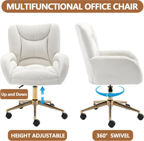 Miniatura 3 de Bonita silla de tocador con respaldo para dormitorio, silla de oficina de terciopelo blanco, cómoda para oficina, altura ajustable, giratoria de 360